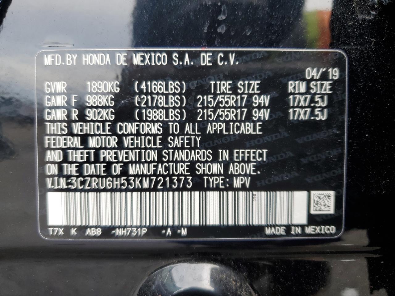 3CZRU6H53KM721373 2019 Honda Hr-V Ex