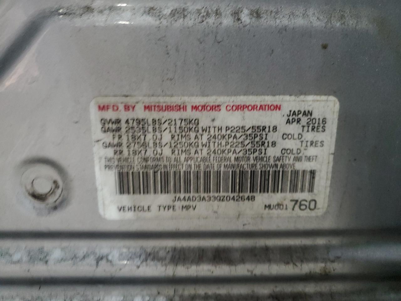 2016 Mitsubishi Outlander Se VIN: JA4AD3A33GZ042648 Lot: 66234304