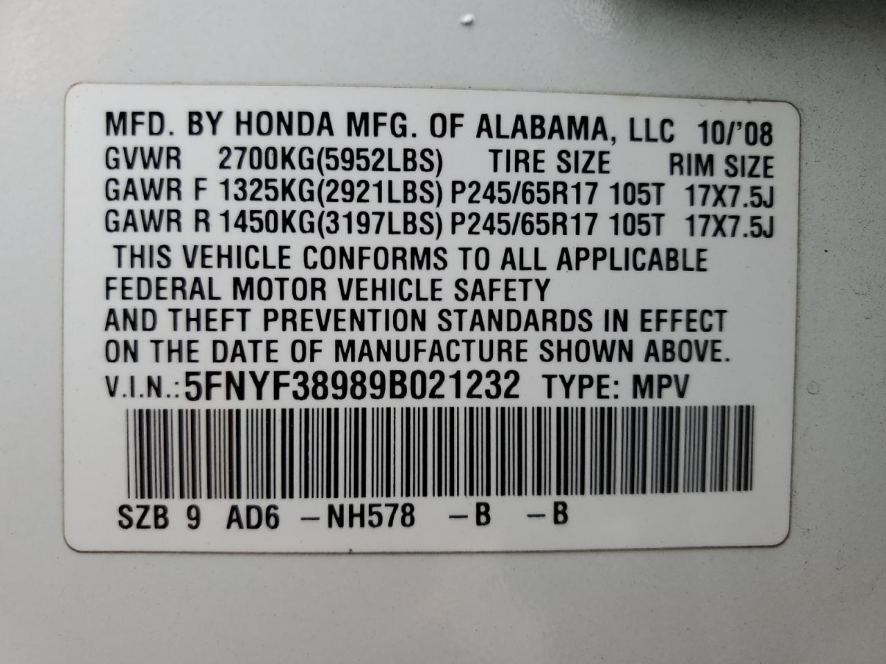 2009 Honda Pilot Touring VIN: 5FNYF38989B021232 Lot: 69077564