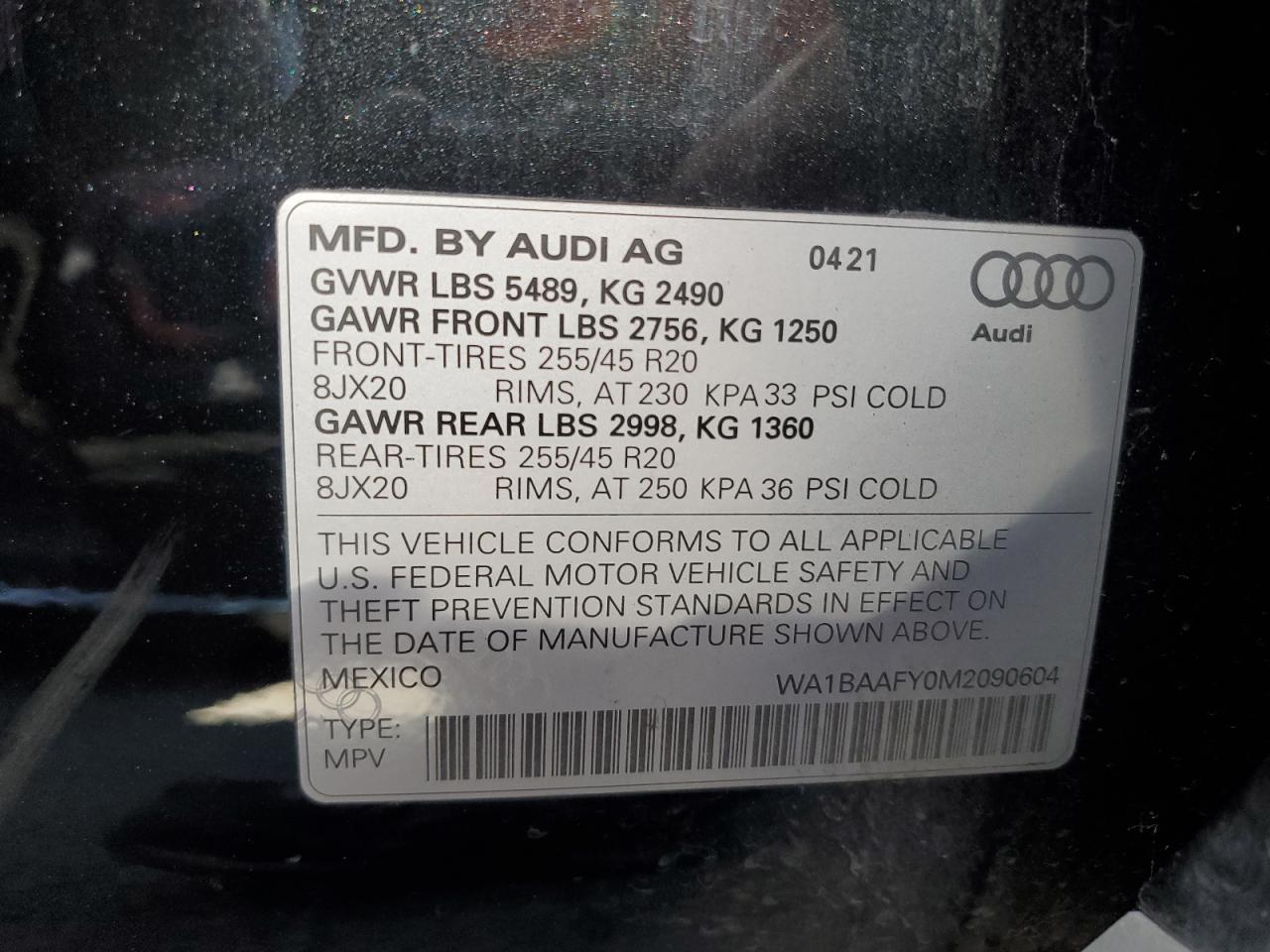 WA1BAAFY0M2090604 2021 Audi Q5 Premium Plus