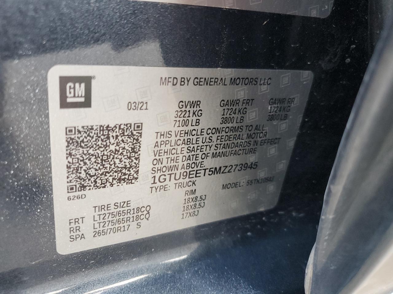 2021 GMC Sierra K1500 At4 VIN: 1GTU9EET5MZ273945 Lot: 69584344