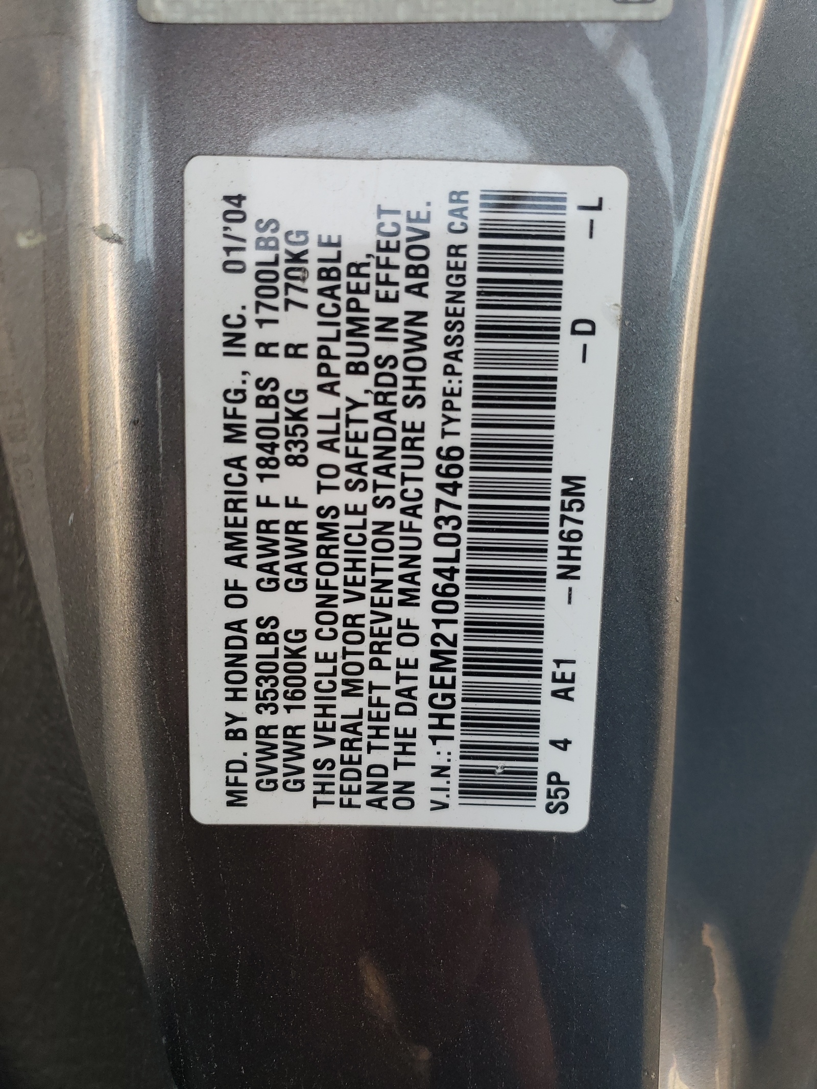 1HGEM21064L037466 2004 Honda Civic Ex