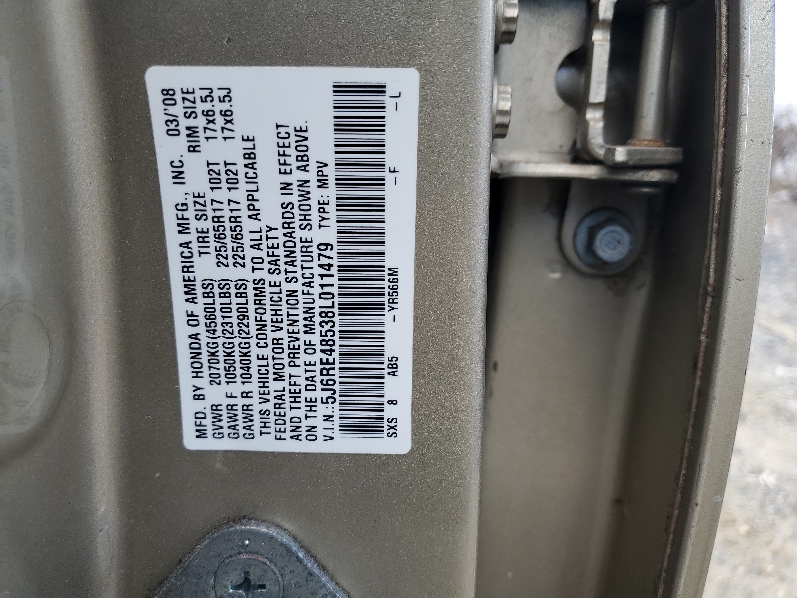 5J6RE48538L011479 2008 Honda Cr-V Ex