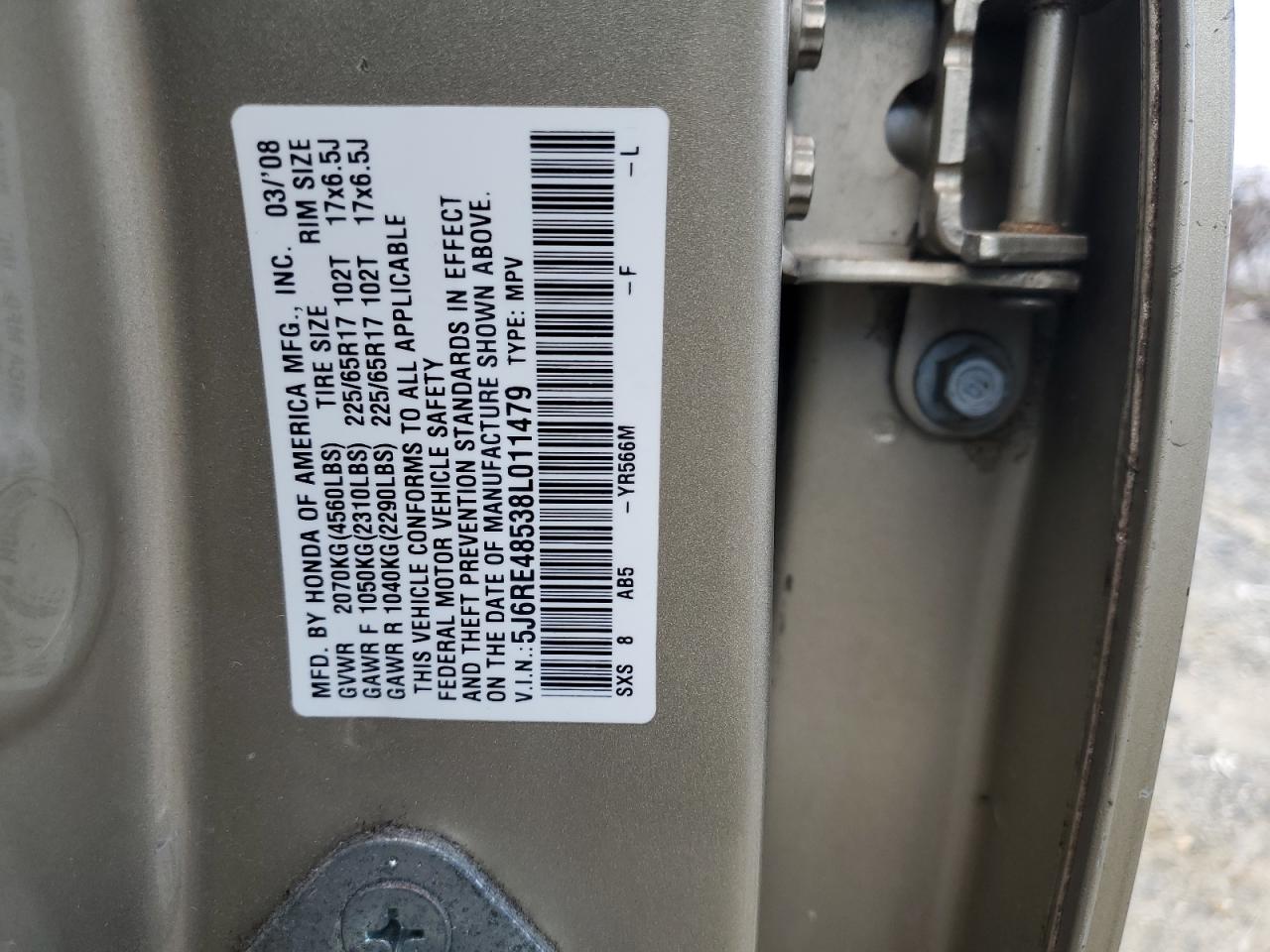 2008 Honda Cr-V Ex VIN: 5J6RE48538L011479 Lot: 67189544