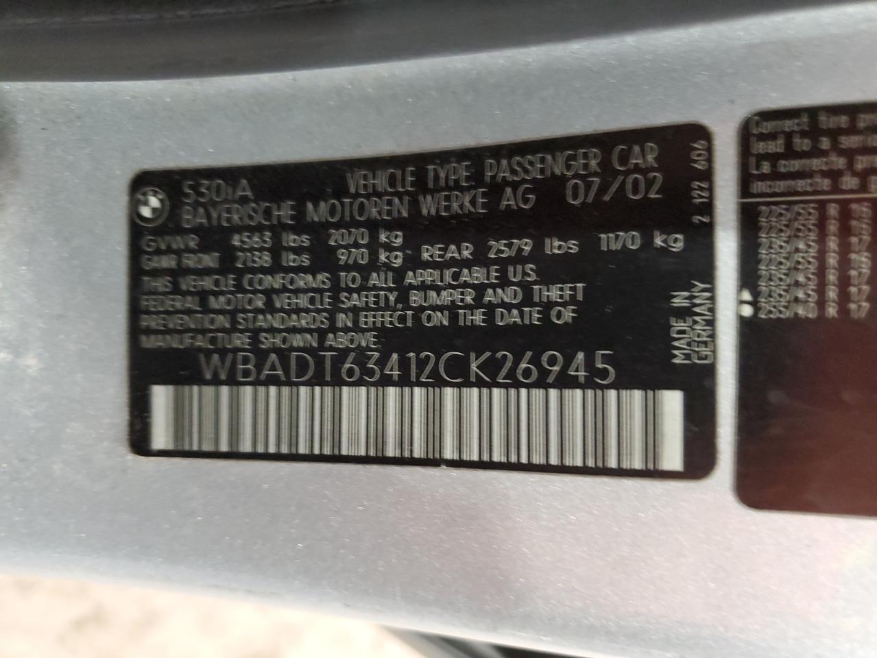 2002 BMW 530 I Automatic VIN: WBADT63412CK26945 Lot: 65701574