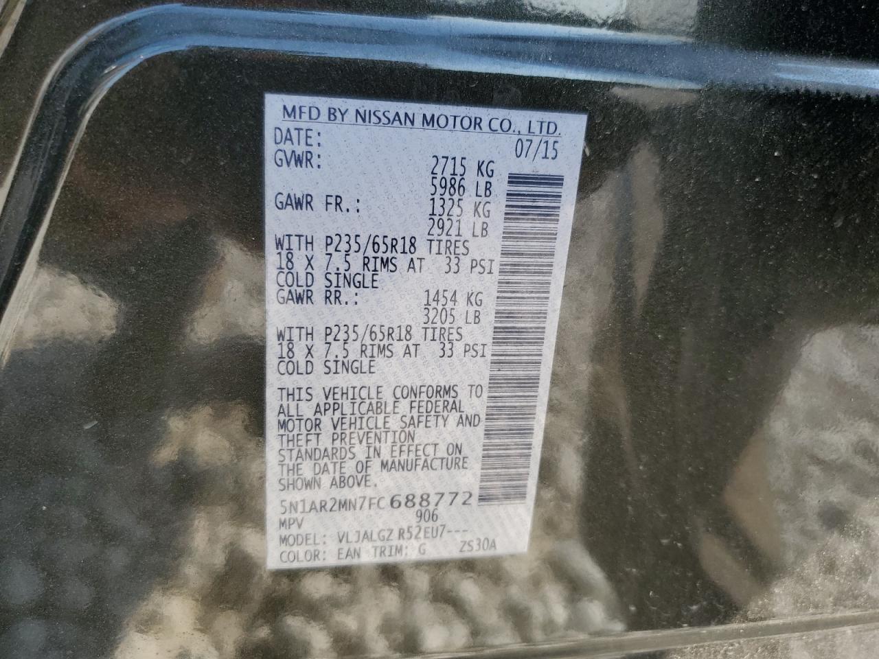 2015 Nissan Pathfinder S VIN: 5N1AR2MN7FC688772 Lot: 66406904