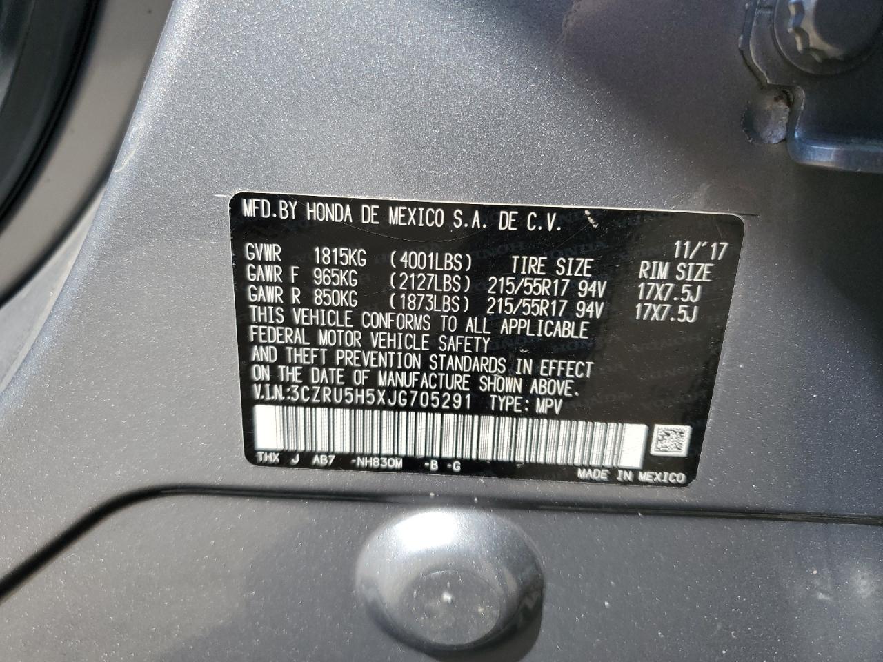 3CZRU5H5XJG705291 2018 Honda Hr-V Ex