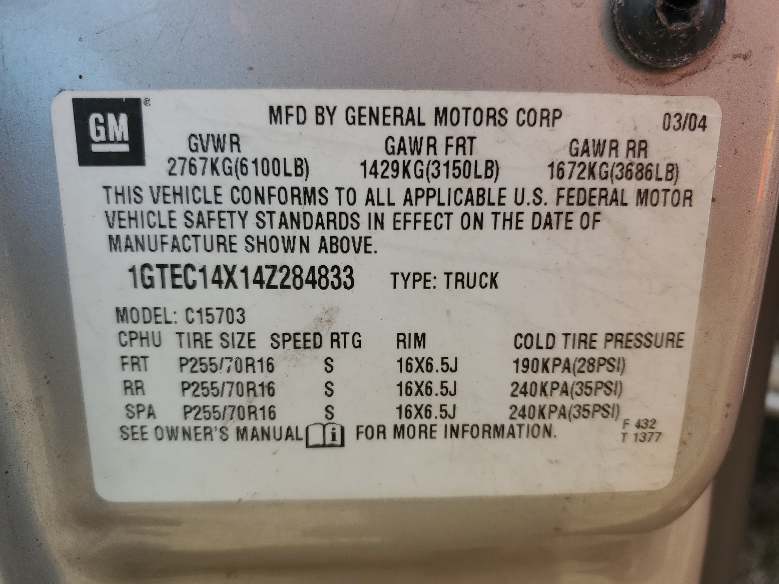 1GTEC14X14Z284833 2004 GMC New Sierra C1500