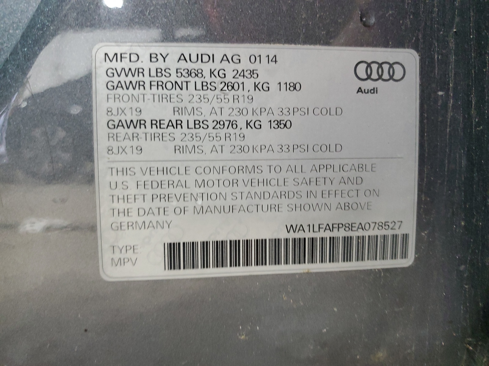 WA1LFAFP8EA078527 2014 Audi Q5 Premium Plus