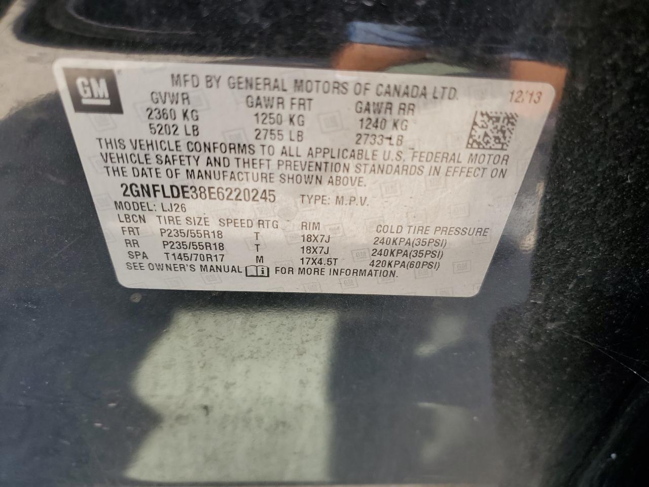 2GNFLDE38E6220245 2014 Chevrolet Equinox Ltz