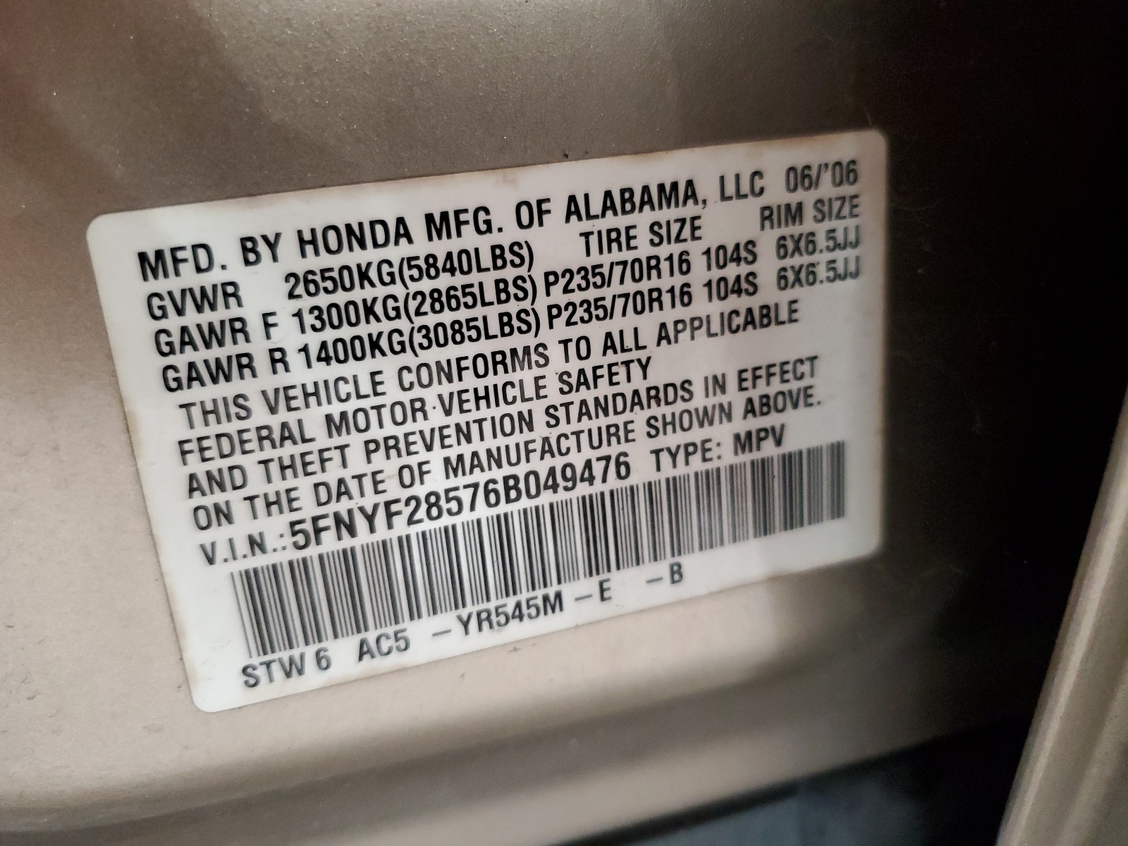 5FNYF28576B049476 2006 Honda Pilot Ex