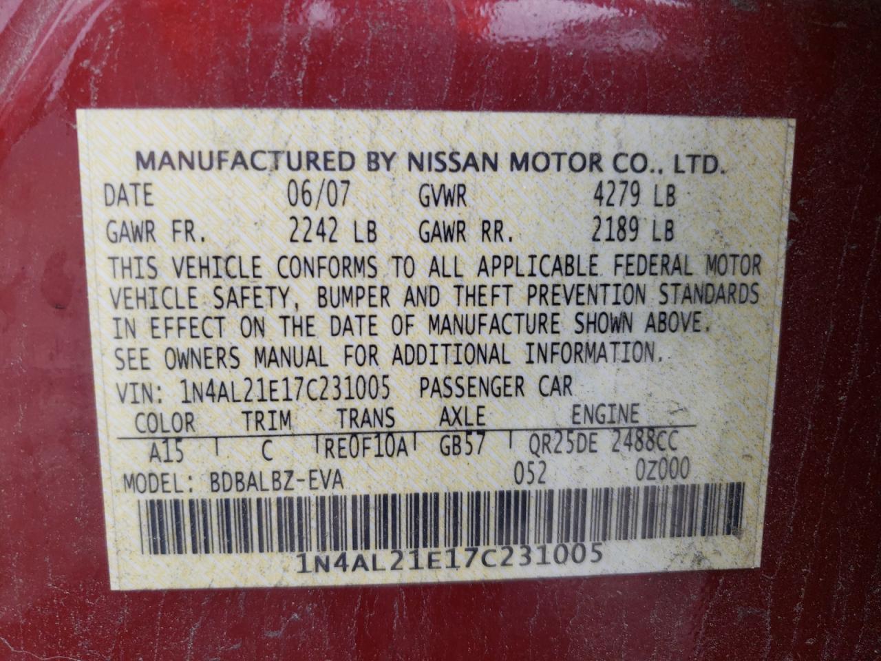 1N4AL21E17C231005 2007 Nissan Altima 2.5