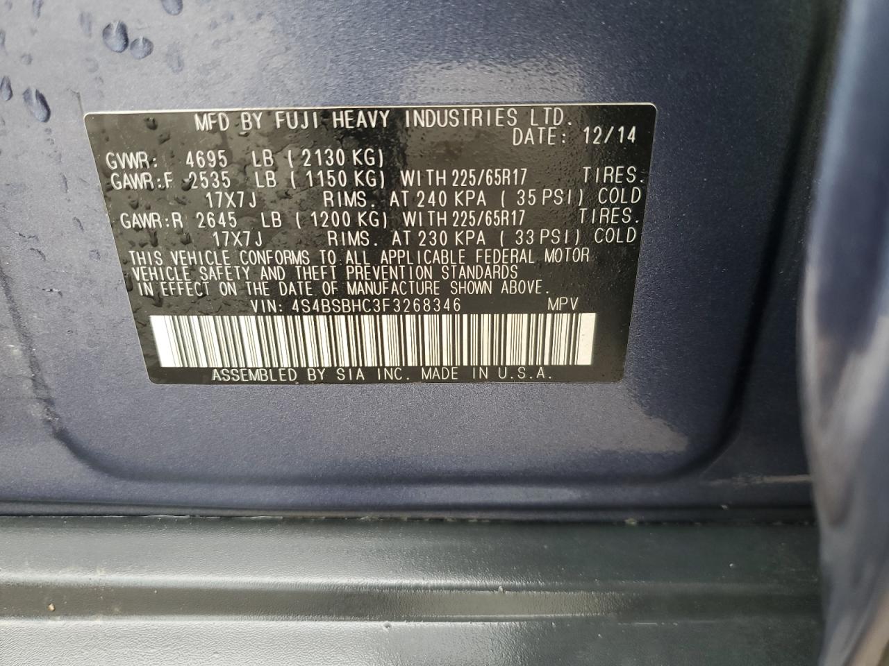 2015 Subaru Outback 2.5I Premium VIN: 4S4BSBHC3F3268346 Lot: 66557574