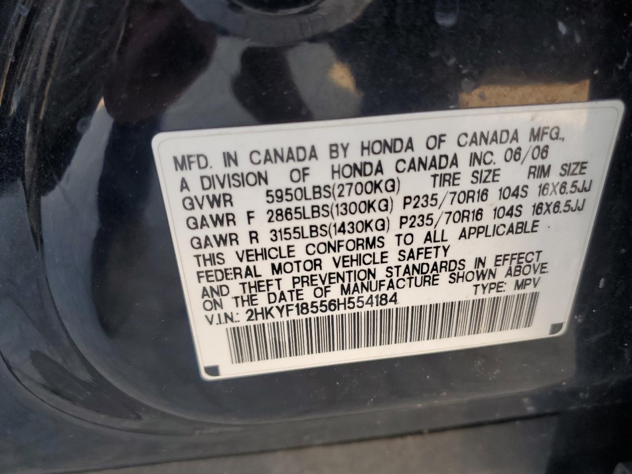 2006 Honda Pilot Ex VIN: 2HKYF18556H554184 Lot: 65979334