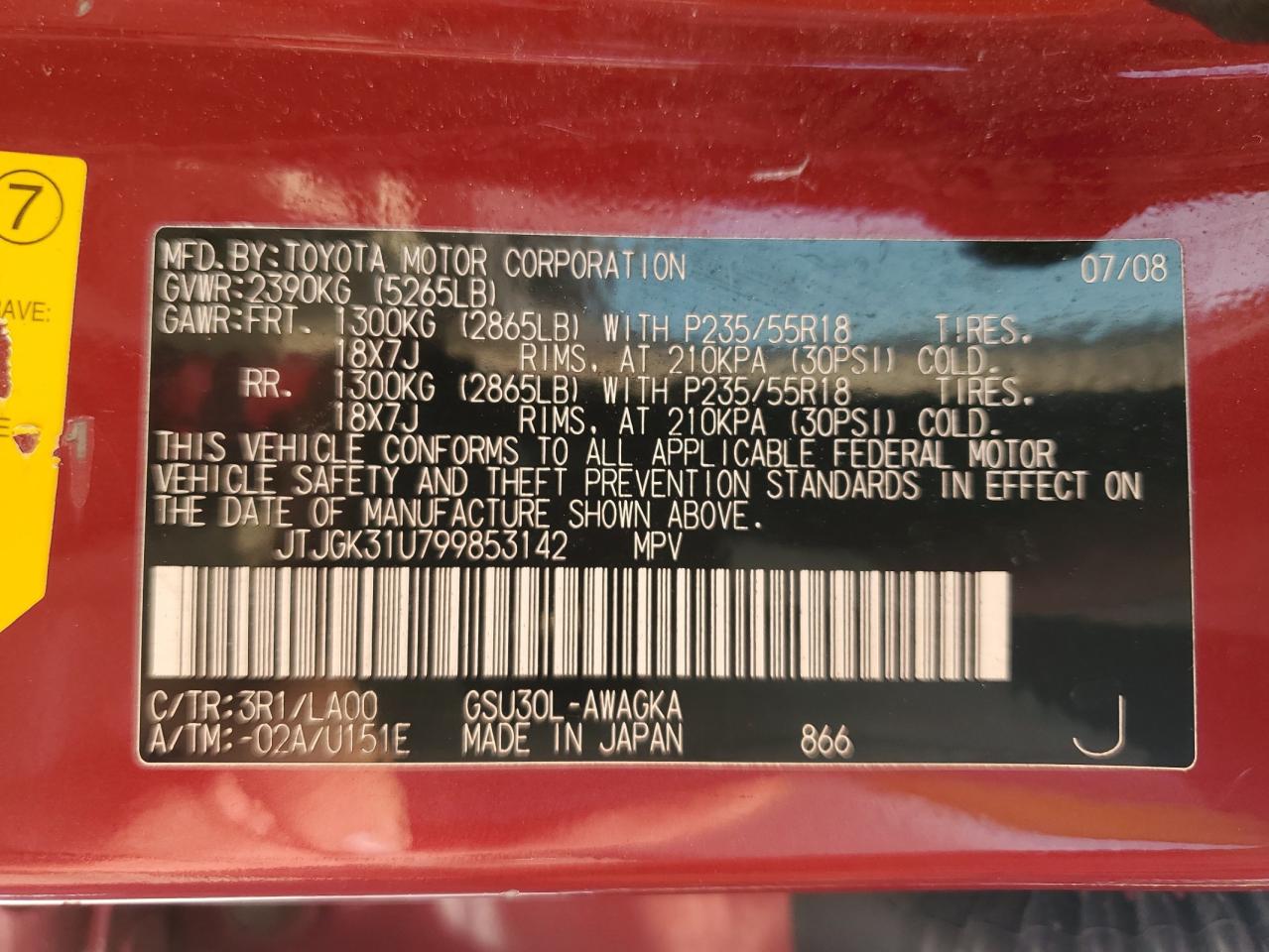 2009 Lexus Rx 350 VIN: JTJGK31U799853142 Lot: 67025024