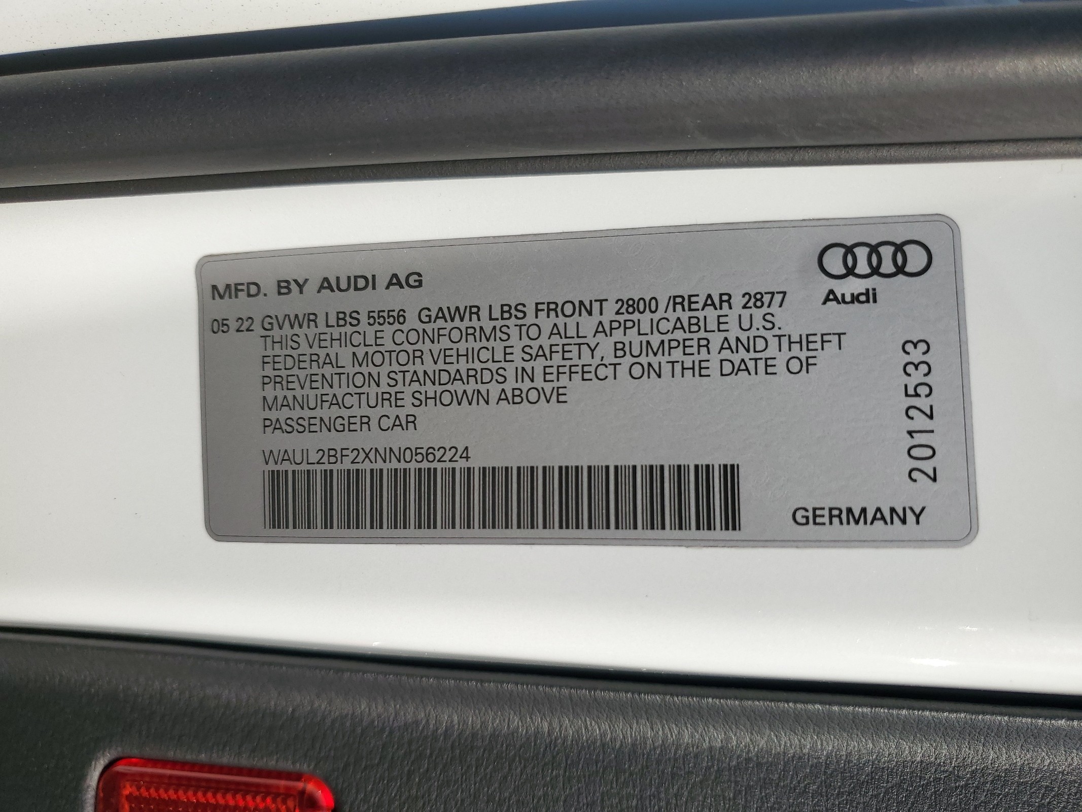 WAUL2BF2XNN056224 2022 Audi A6 Premium Plus