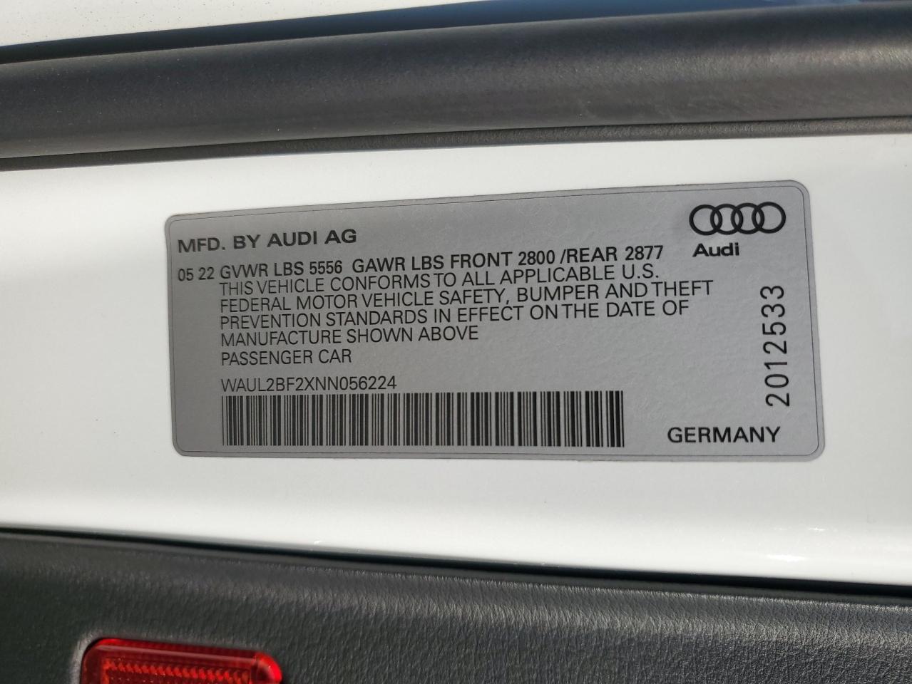 2022 Audi A6 Premium Plus VIN: WAUL2BF2XNN056224 Lot: 65215354