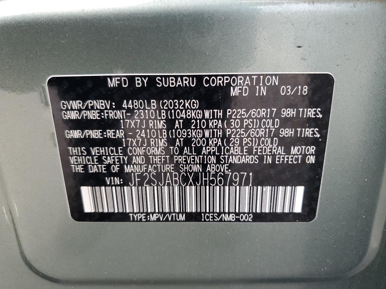 JF2SJABCXJH567971 2018 Subaru Forester 2.5I