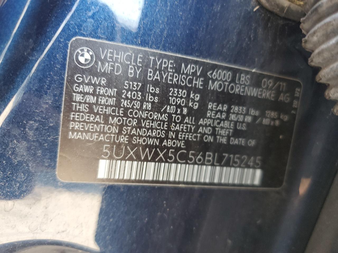 2011 BMW X3 xDrive28I VIN: 5UXWX5C56BL715245 Lot: 65988714