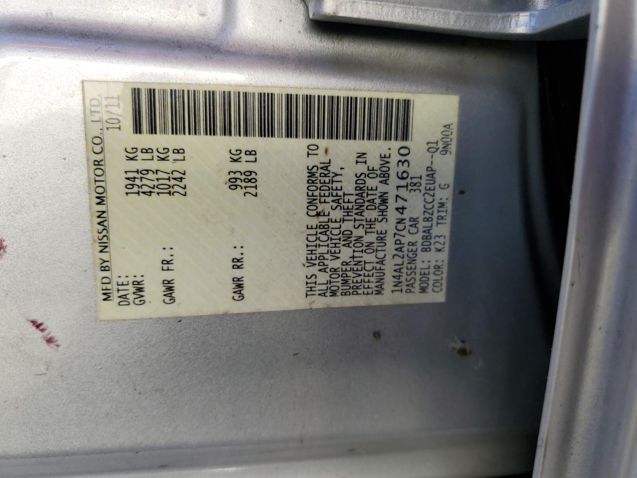 2012 Nissan Altima Base VIN: 1N4AL2AP7CN471630 Lot: 68831504