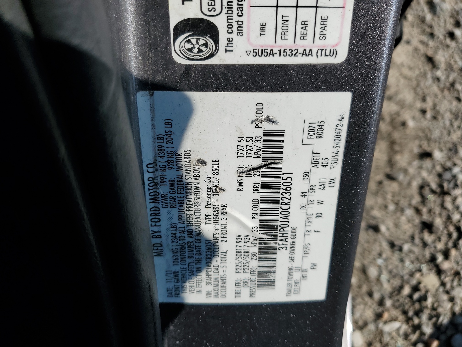 3FAHP0JA0CR236051 2012 Ford Fusion Sel