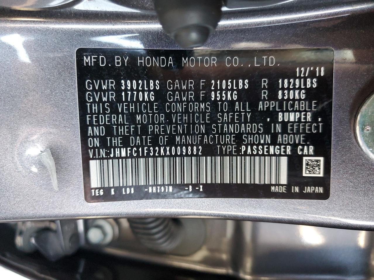 JHMFC1F32KX009882 2019 Honda Civic Ex