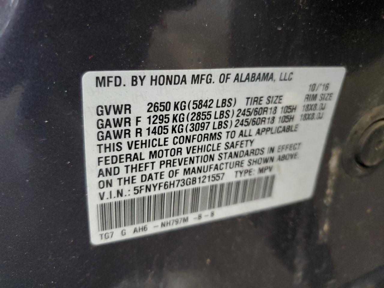 2016 Honda Pilot Exln VIN: 5FNYF6H73GB121557 Lot: 68217784