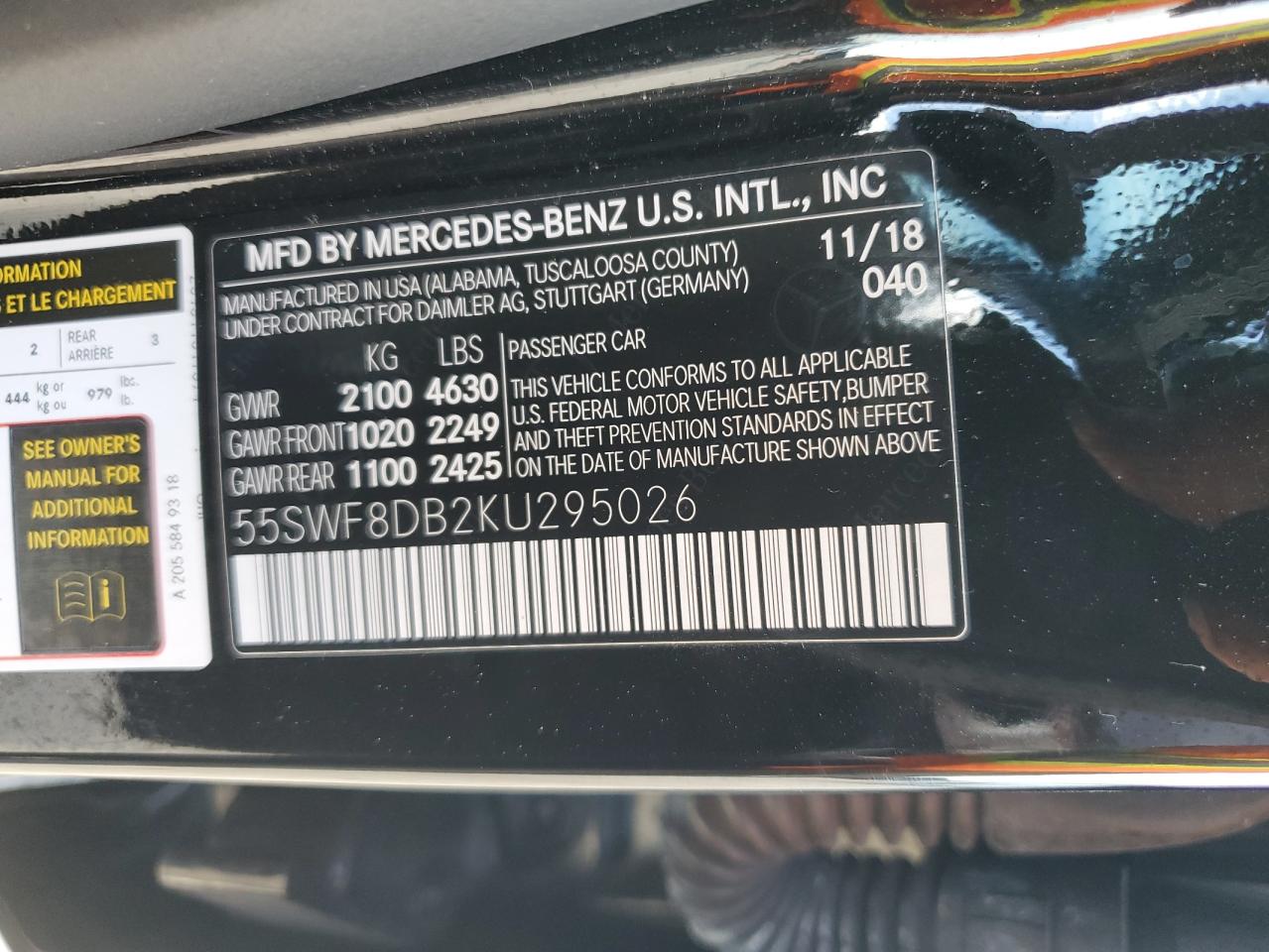 2019 Mercedes-Benz C 300 VIN: 55SWF8DB2KU295026 Lot: 69330794