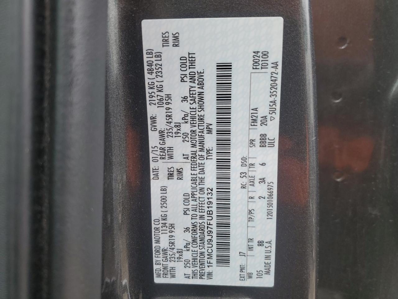 2015 Ford Escape Titanium VIN: 1FMCU9J97FUB19132 Lot: 66496074