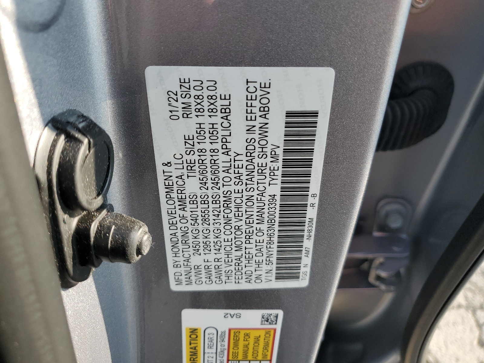 5FNYF8H63NB003394 2022 Honda Passport Trail Sport