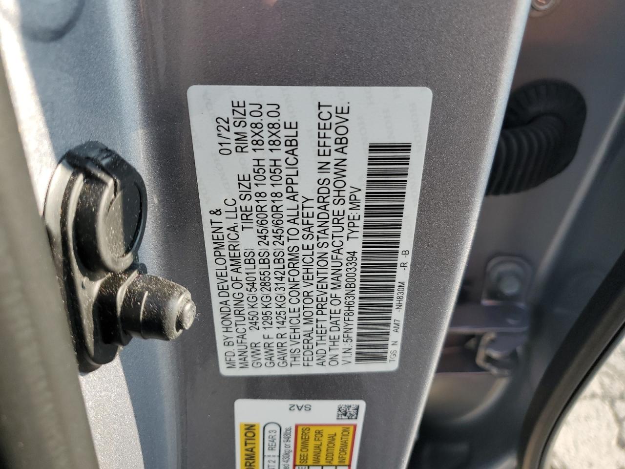 2022 Honda Passport Trail Sport VIN: 5FNYF8H63NB003394 Lot: 67844334