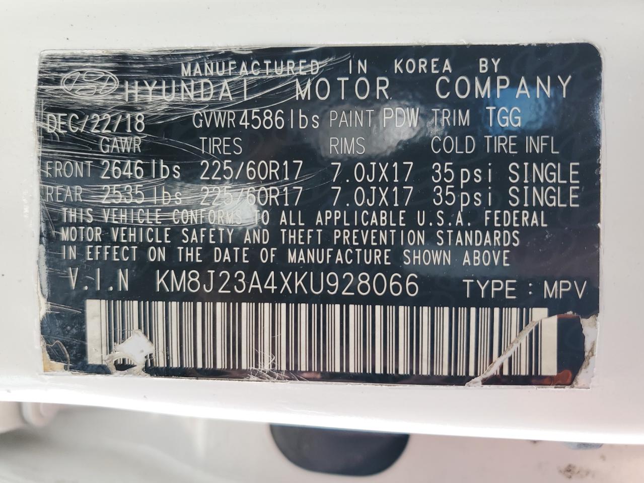 KM8J23A4XKU928066 2019 Hyundai Tucson Se