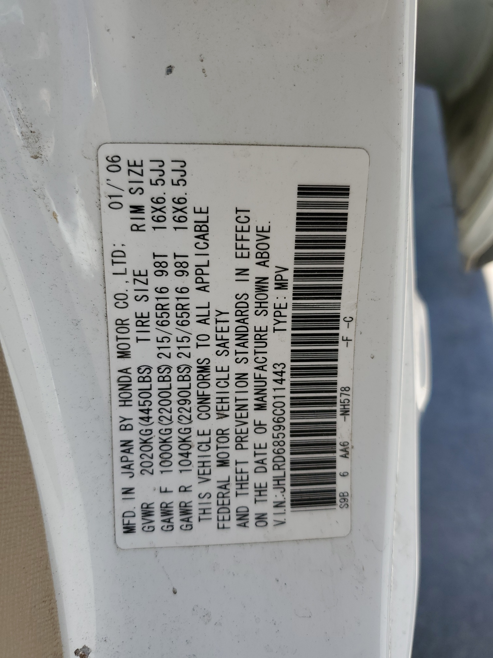 JHLRD68596C011443 2006 Honda Cr-V Lx