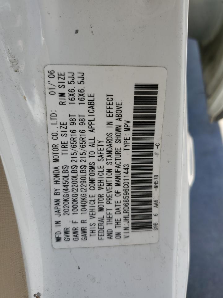 2006 Honda Cr-V Lx VIN: JHLRD68596C011443 Lot: 65659714