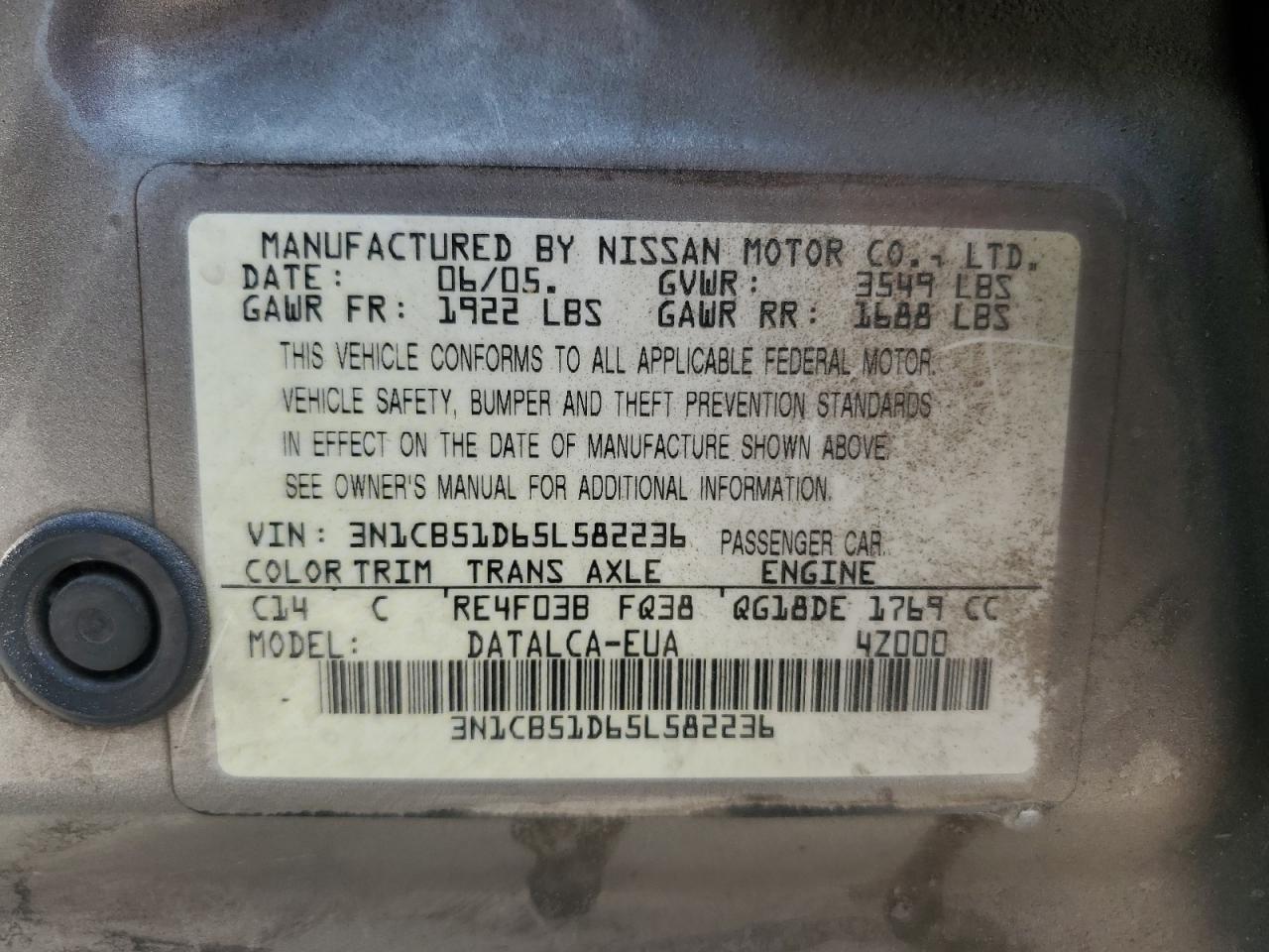 3N1CB51D65L582236 2005 Nissan Sentra 1.8