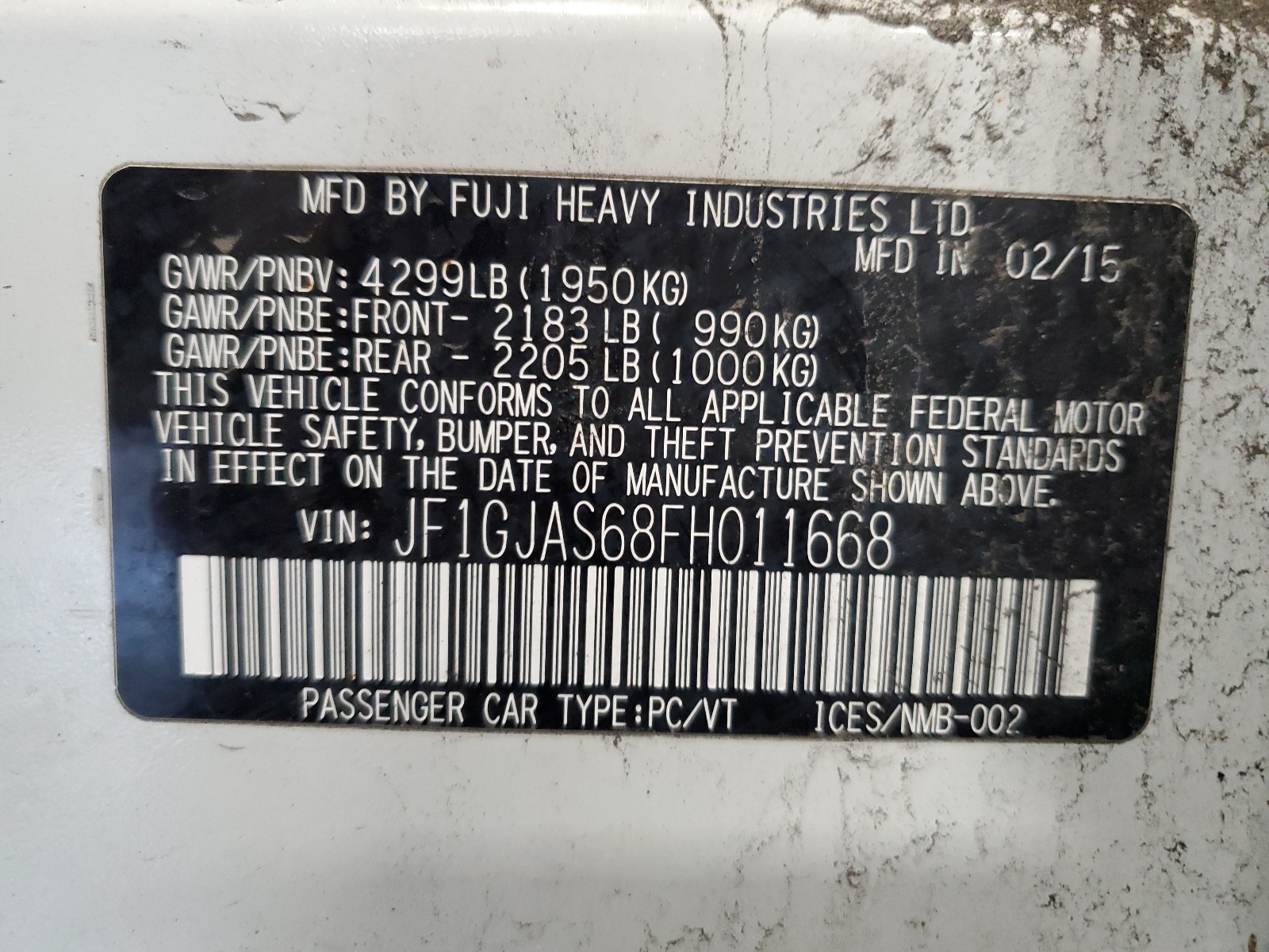 JF1GJAS68FH011668 2015 Subaru Impreza Sport Limited