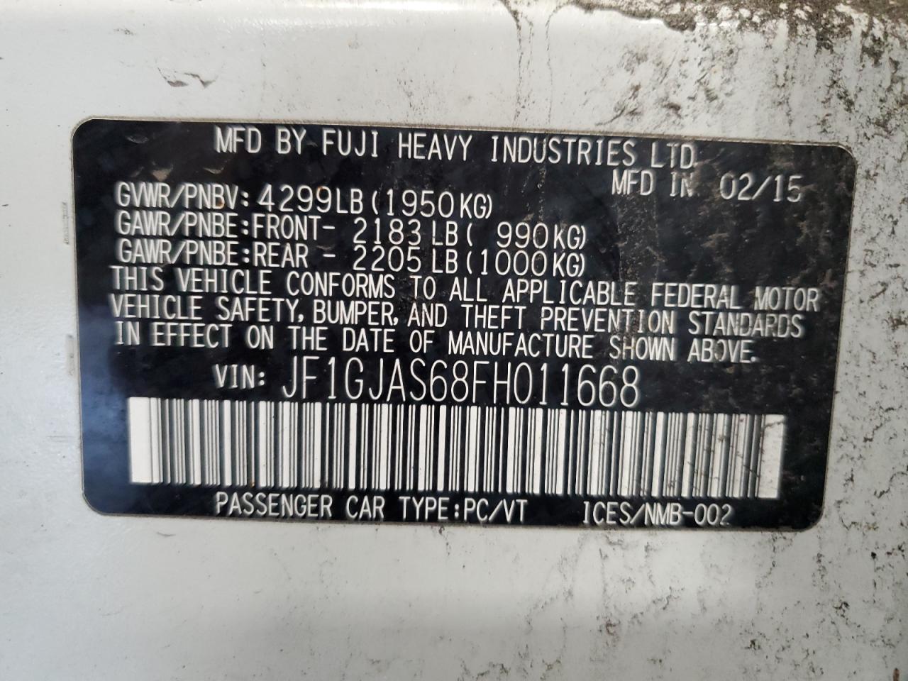 2015 Subaru Impreza Sport Limited VIN: JF1GJAS68FH011668 Lot: 66533144