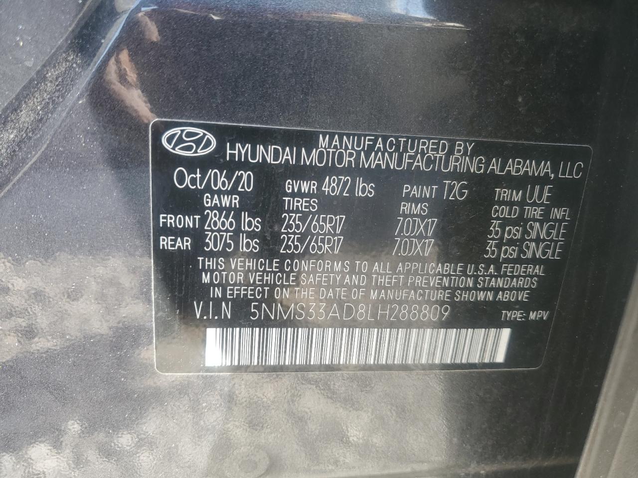 5NMS33AD8LH288809 2020 Hyundai Santa Fe Sel