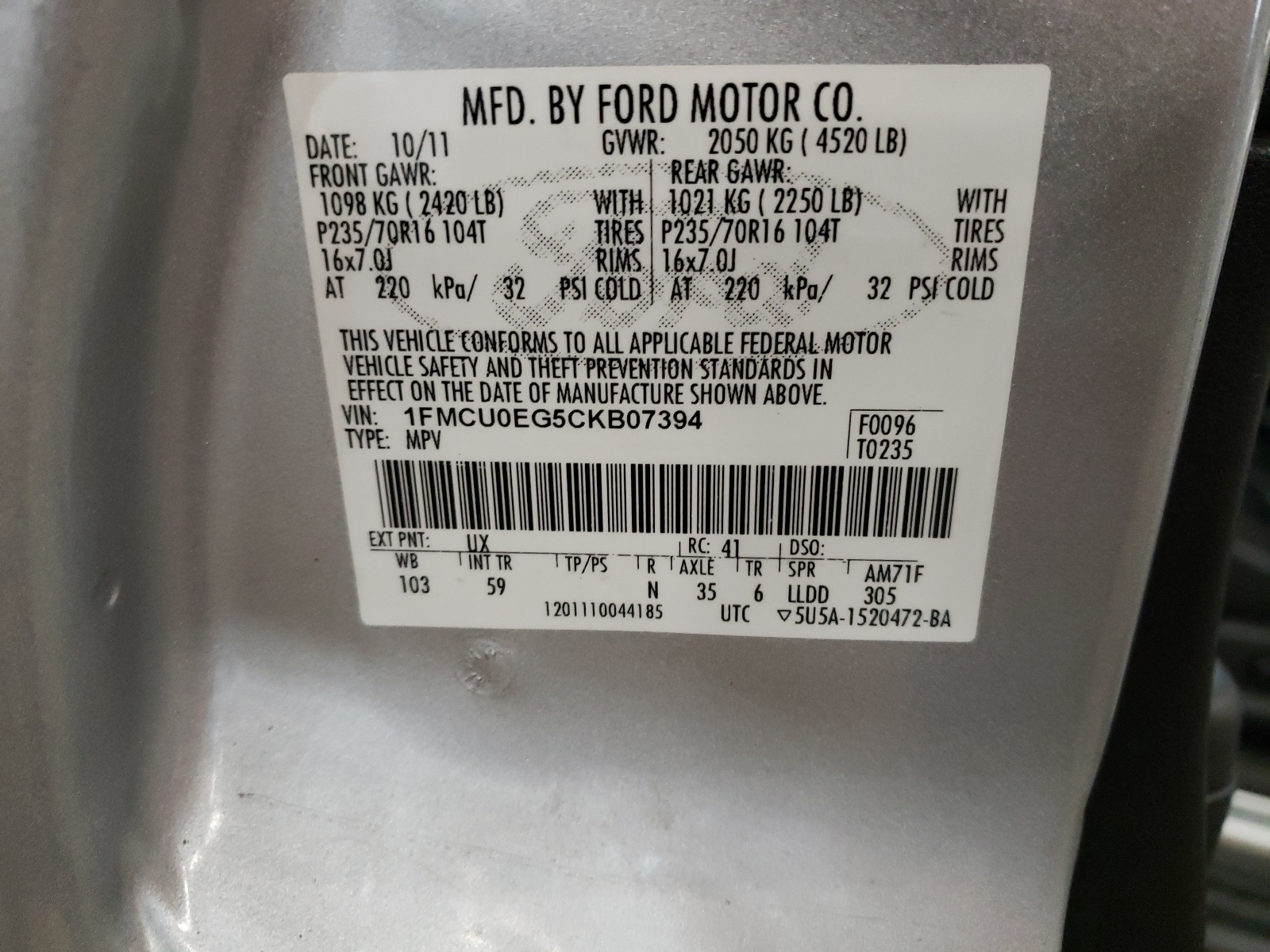 1FMCU0EG5CKB07394 2012 Ford Escape Limited