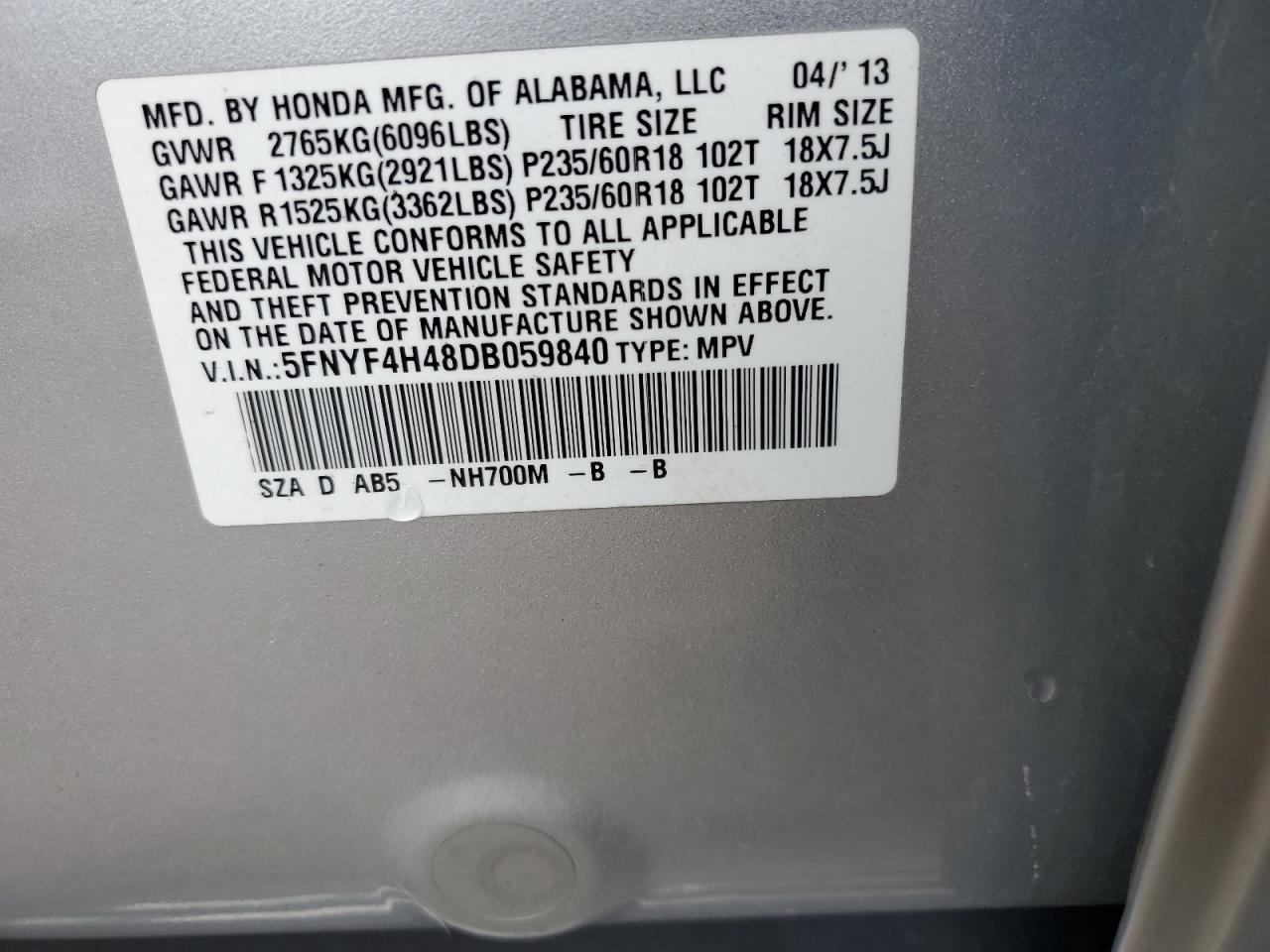 2013 Honda Pilot Ex VIN: 5FNYF4H48DB059840 Lot: 66574364