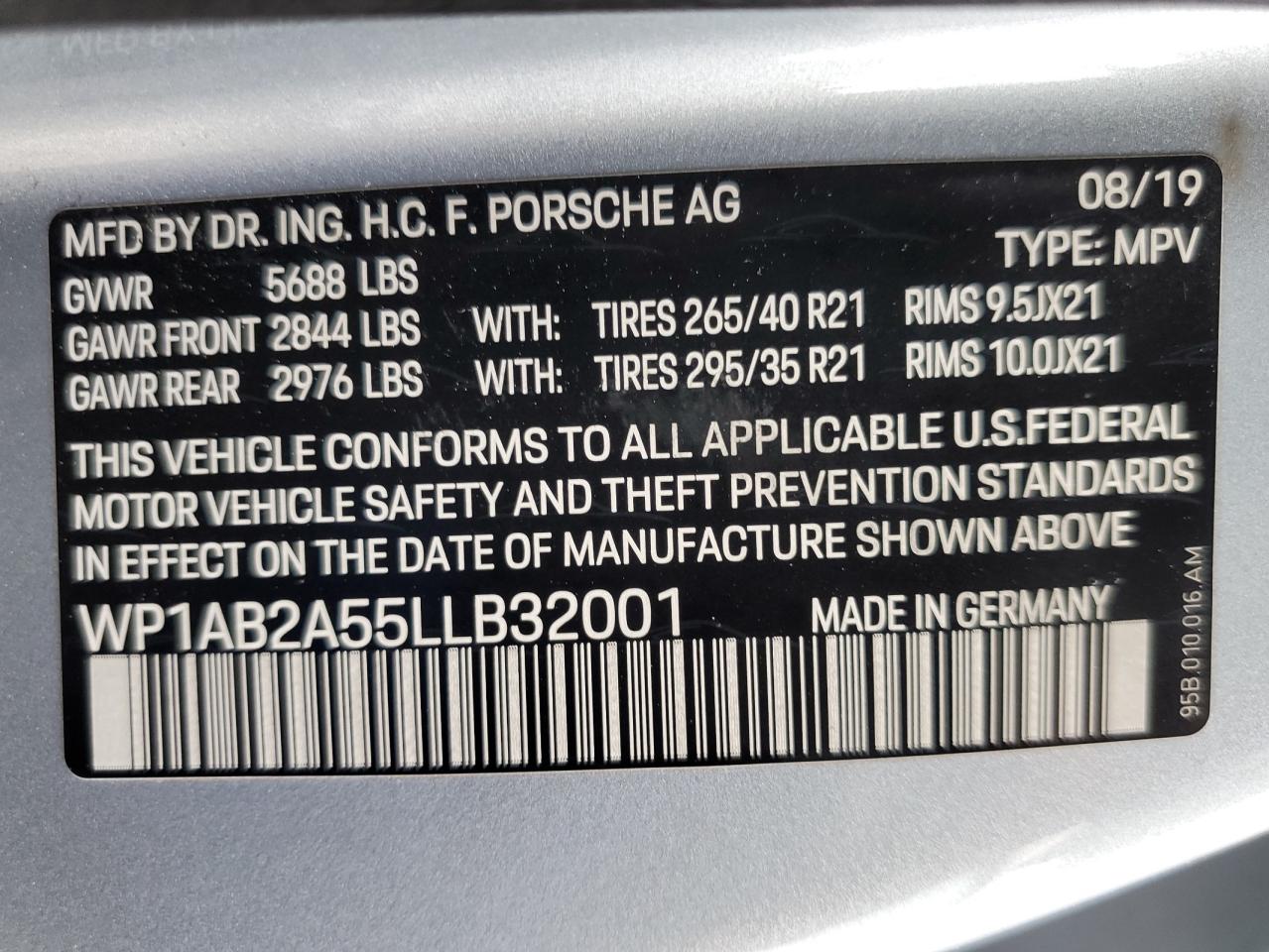 2020 Porsche Macan S VIN: WP1AB2A55LLB32001 Lot: 65778834