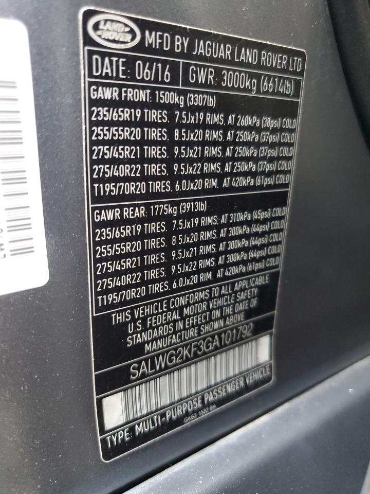 2016 Land Rover Range Rover Sport Se VIN: SALWG2KF3GA101792 Lot: 66027854