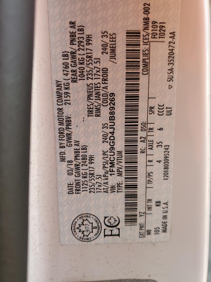 2018 Ford Escape Se VIN: 1FMCU9GD4JUB89269 Lot: 65751064