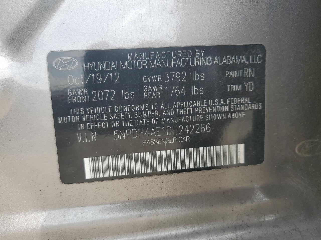 2013 Hyundai Elantra Gls VIN: 5NPDH4AE1DH242266 Lot: 66511164