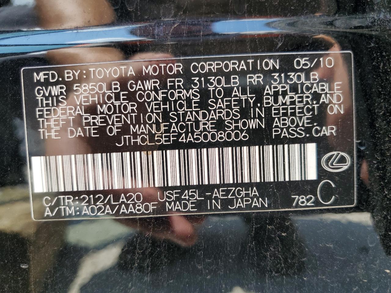 2010 Lexus Ls 460 VIN: JTHCL5EF4A5008006 Lot: 65663864