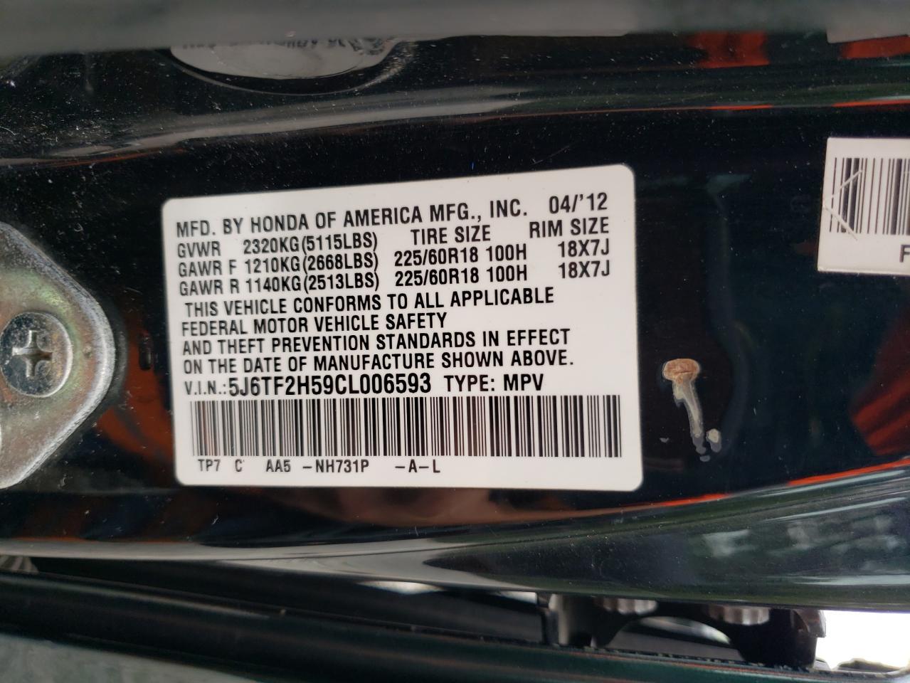 2012 Honda Crosstour Exl VIN: 5J6TF2H59CL006593 Lot: 67497704