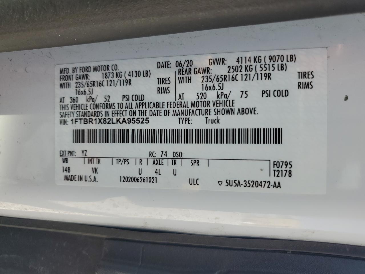 2020 Ford Transit T-250 VIN: 1FTBR1X82LKA95525 Lot: 67780804