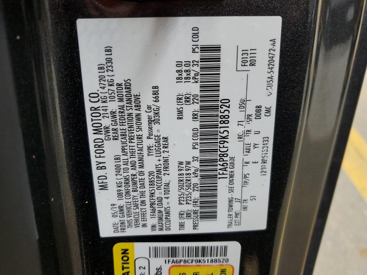 2019 Ford Mustang Gt VIN: 1FA6P8CF9K5188520 Lot: 68433764