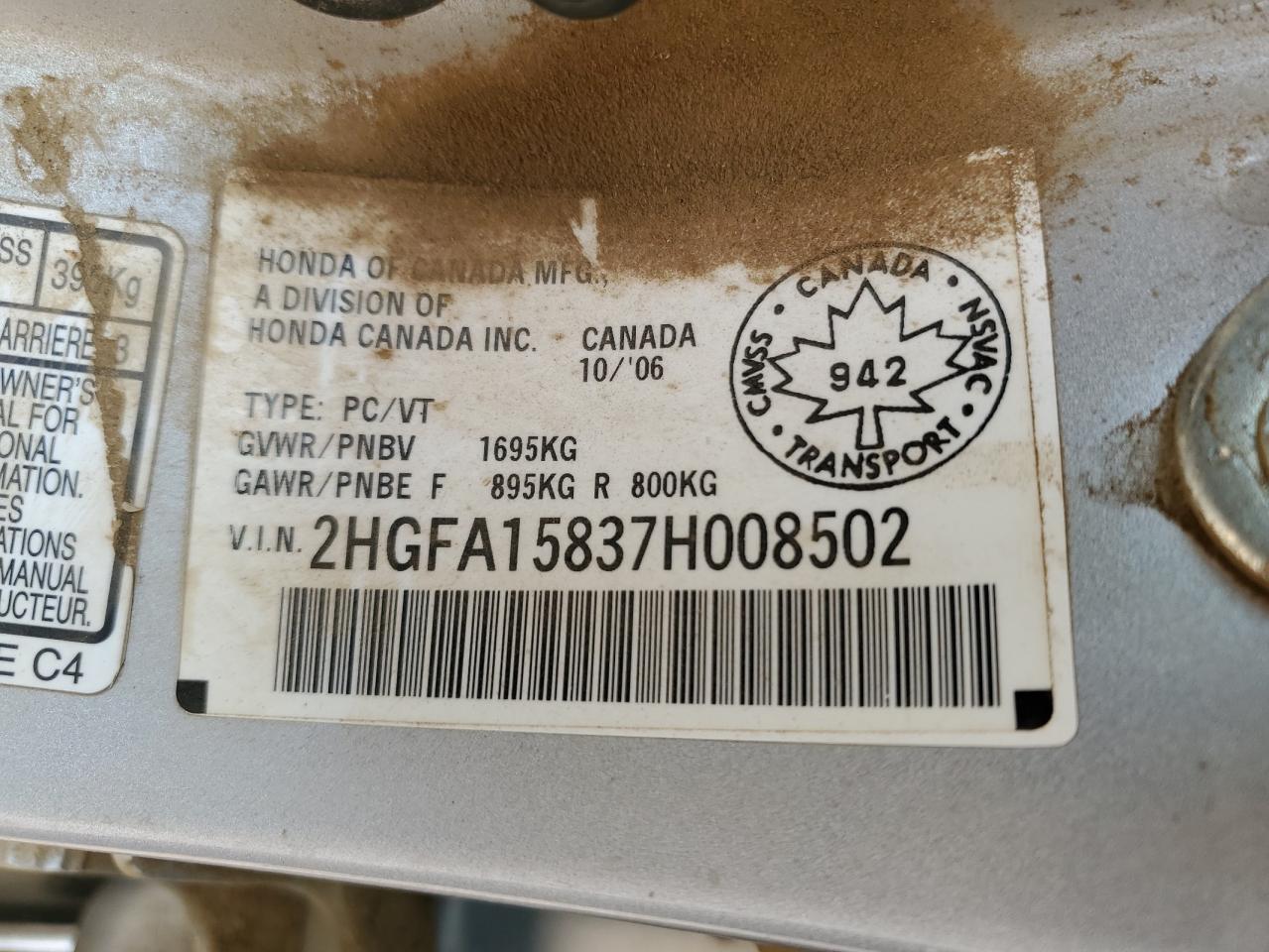 2007 Honda Civic Ex VIN: 2HGFA15837H008502 Lot: 65946704