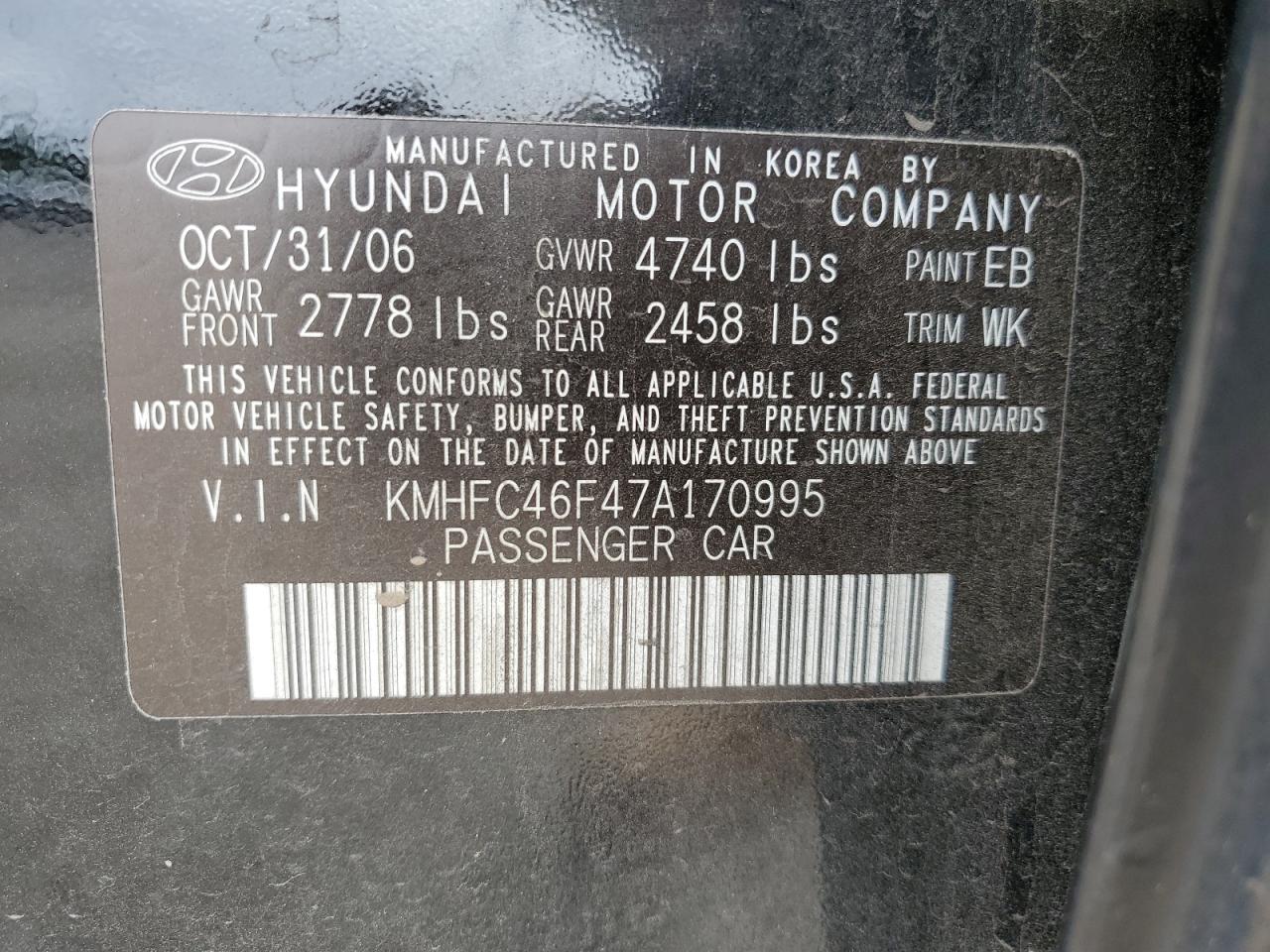 2007 Hyundai Azera Se VIN: KMHFC46F47A170995 Lot: 68564404